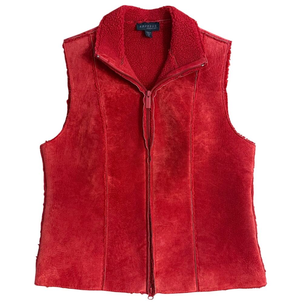 VTG Y2K Express World Brand Vest Genuine Suede Leather Sherpa Zip Red Women's 8